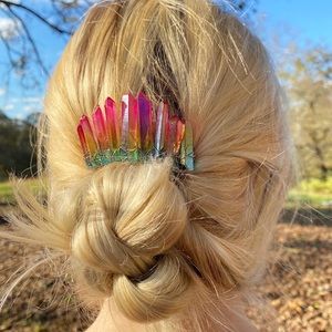 Tiedye Rainbow Aura Quartz Crystal Hair Barrette